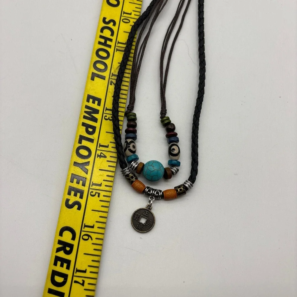 Boho‎ Layered Cord Necklace Faux Turquoise Wood Beads Chinese Coin Pendant